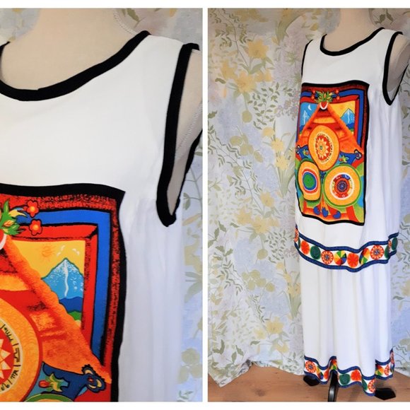 Vintage Dresses & Skirts - Vintage 1980s Lori Ann Sleeveless Midi Dress Mystical Symbols S 10